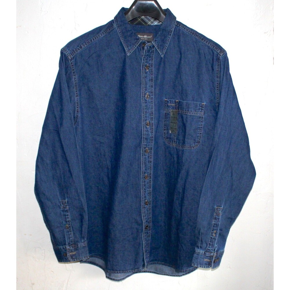Eddie Bauer long sleeve Blue Denim Shirt Men L Tall NEW button down cotton plaid